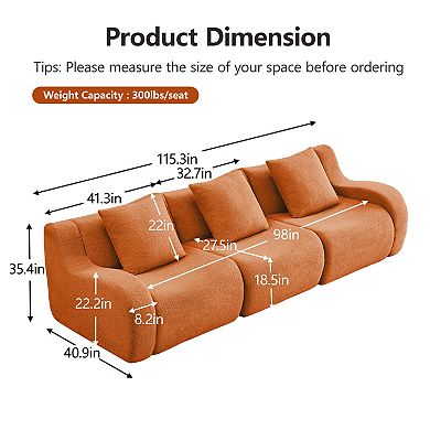 Merax Boneless Sofa 3 Seat High Quality Teddy Fabric Anti Slip Design No Assembly