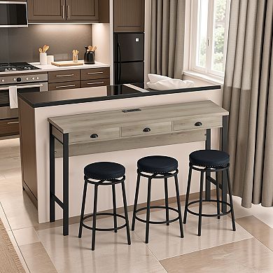 Merax 3-Drawer Long Dining Table Set with Swivel PU Stools & Power Outlets