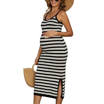 Women's Maternity Dress Bodycon Striped Long Midi Sleeveless Cami Knit Casual Fitted Pregnancy Dress