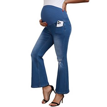 Women's Maternity Jeans Bootcut Leg Ripped High Stretchy Over the Belly Pregnant Flare Denim Pants