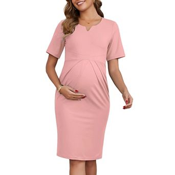 Women's Work Maternity Dress Semi Formal Short Sleeves V-Neck Front Pleated Pregnancy Business Dress