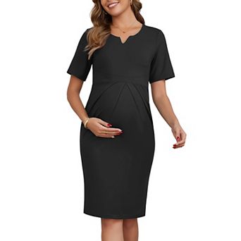 Women's Work Maternity Dress Semi Formal Short Sleeves V-Neck Front Pleated Pregnancy Business Dress