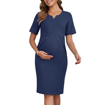 Women's Work Maternity Dress Semi Formal Short Sleeves V-Neck Front Pleated Pregnancy Business Dress
