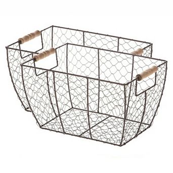 Decorative Chicken Wire Storage Basket with Wood Handles (Set of 2)