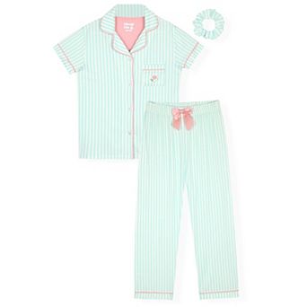 Sleep On It Girls 2 pc Short-Sleeve Button Down Coat Pajama Top and Pajama Pants Set w Scrunchie