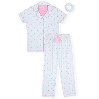 Sleep On It Girls 2 pc Short-Sleeve Button Down Coat Pajama Top and Pajama Pants Set w Scrunchie