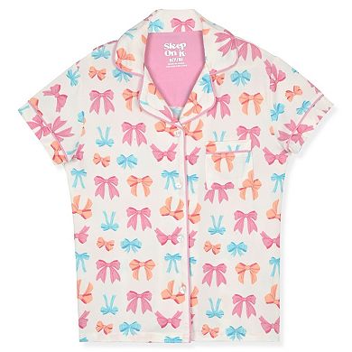 Sleep On It Girls 2-Piece Short-Sleeve Button Down Coat Pajama Top and Pajama Pants Set w Scrunchie