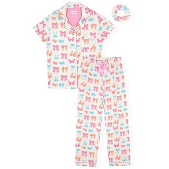 Sleep On It Girls 2 pc Short-Sleeve Button Down Coat Pajama Top and Pajama Pants Set w Scrunchie