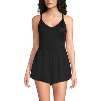 Women's Lands' End Tugless V-Neck Strappy X-Back One-Piece Swim Romper