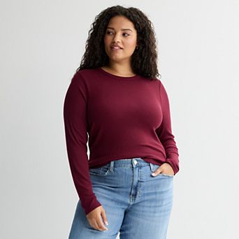 Juniors' Plus Size SO® Long Sleeve Rib Crew Top