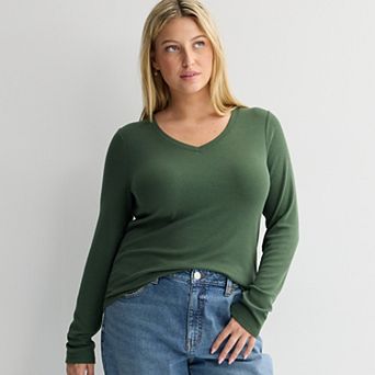 Juniors' Plus Size SO® Ribbed Long Sleeve V-Neck Top