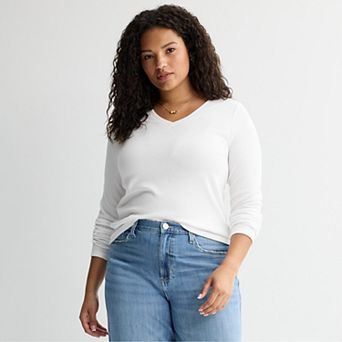 Juniors' Plus Size SO® Ribbed Long Sleeve V-Neck Top