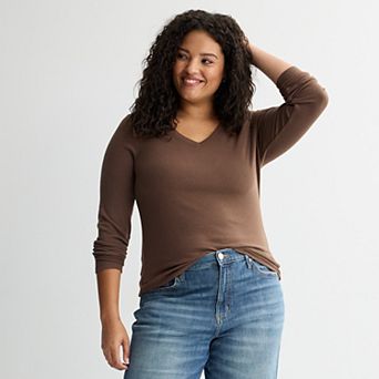 Juniors' Plus Size SO® Ribbed Long Sleeve V-Neck Top