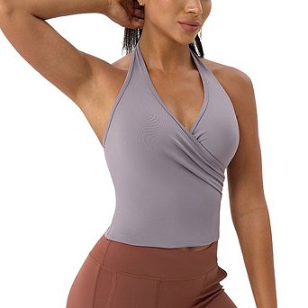 Women Athletic Top Halter Neck Sports Crop Top Cross Front Yoga Tank Top