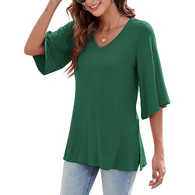 Women's 3/4 Bell Sleeves Shirts V Neck Summer Casual Tops Flowy Tee