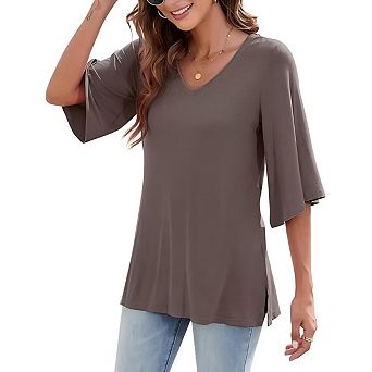 Women's 3/4 Bell Sleeves Shirts V Neck Summer Casual Tops Flowy Tee
