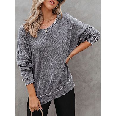Women's Long Sleeve Oversized Waffle Knit Crewneck Sweatshirts Casual Tops