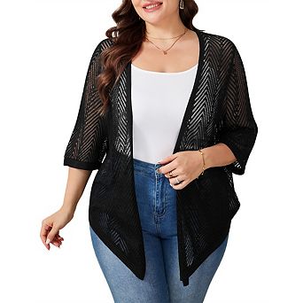 Womens Plus Size Summer Cardigan 3/4 Sleeve Sweaters Lightweight Casual Knitted Open Front Cardigans