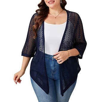 Womens Plus Size Summer Cardigan 3/4 Sleeve Sweaters Lightweight Casual Knitted Open Front Cardigans