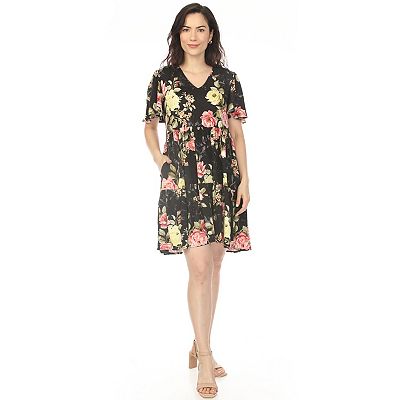 White Mark Women's V-Neck Tropical Flower Short Sleeve Dress Black / M