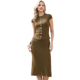 2 pc Skirt Sets for Women Knit Cap Sleeve Button Down Top Bodycon Skirt Knit Dresses