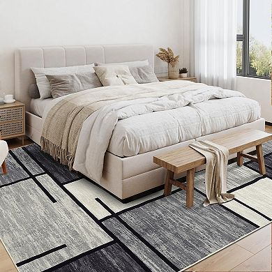Contemporary Grid Area Rug Machine Washable Ultra Thin Stain Resistant Floor Cover for Kid's Room