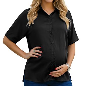 Women's Maternity Blouse Dolman Sleeve Loose Split Point Collar Short Sleeve Tops Pregnancy Shirts