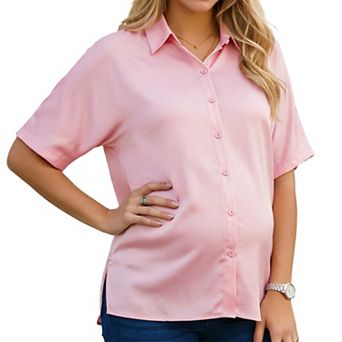Women's Maternity Blouse Dolman Sleeve Loose Split Point Collar Short Sleeve Tops Pregnancy Shirts