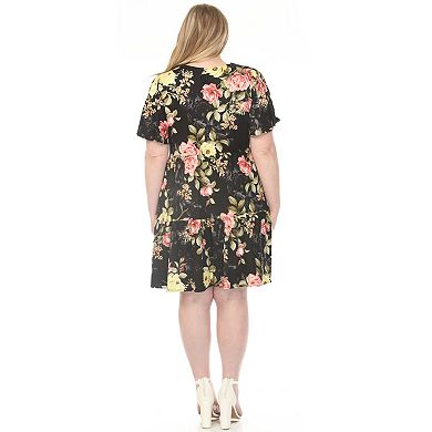 Plus Size V-Neck Tropical Flower Short Sleeve Dress