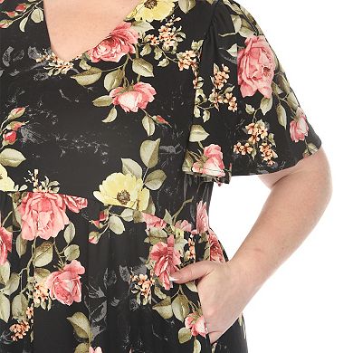Plus Size V-Neck Tropical Flower Short Sleeve Dress