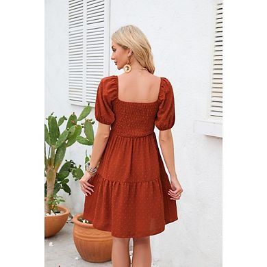 Women‘s Summer Square Neck Puff Short Sleeve Swiss Dot Smocked Boho Flowy Mini Dress