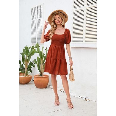 Women‘s Summer Square Neck Puff Short Sleeve Swiss Dot Smocked Boho Flowy Mini Dress