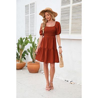 Women‘s Summer Square Neck Puff Short Sleeve Swiss Dot Smocked Boho Flowy Mini Dress