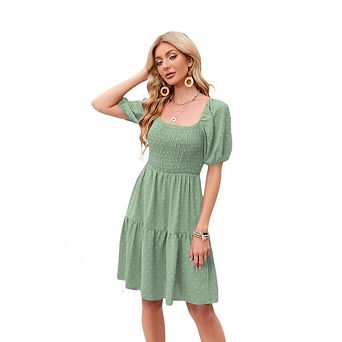 Women‘s Summer Square Neck Puff Short Sleeve Swiss Dot Smocked Boho Flowy Mini Dress