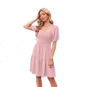 Women‘s Summer Square Neck Puff Short Sleeve Swiss Dot Smocked Boho Flowy Mini Dress