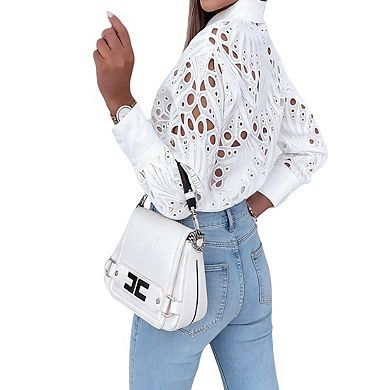 Women's Collar Neck Long Sleeve Intricate Cutwork Embroidery Button Front Cotton Blouse Shirts