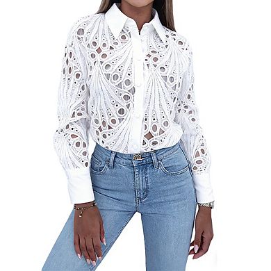 Women's Collar Neck Long Sleeve Intricate Cutwork Embroidery Button Front Cotton Blouse Shirts