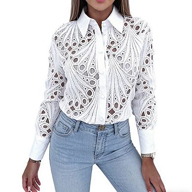 Women's Collar Neck Long Sleeve Intricate Cutwork Embroidery Button Front Cotton Blouse Shirts