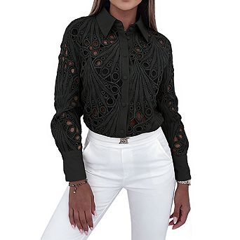 Women's Collar Neck Long Sleeve Intricate Cutwork Embroidery Button Front Cotton Blouse Shirts