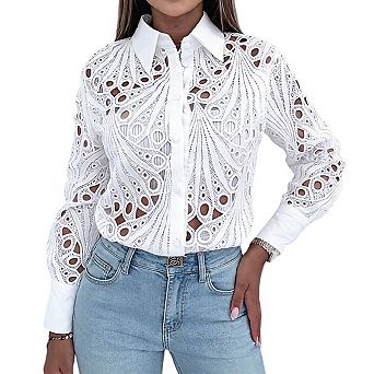Women's Collar Neck Long Sleeve Intricate Cutwork Embroidery Button Front Cotton Blouse Shirts