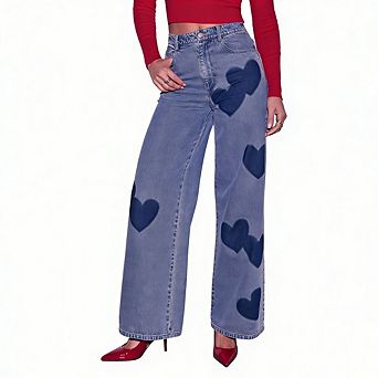 Womens Wide Leg Jeans High Waisted Heart Print Denim Pants with Pockets for Casual Work Office Wear
