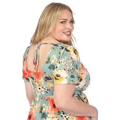 Plus Size Square Neck Short Sleeve Floral Dress