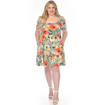 Plus Size Square Neck Short Sleeve Floral Dress