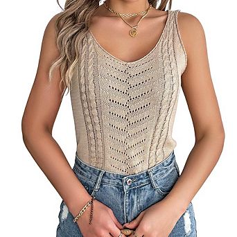 Women's Summer Classic V-Neck Hollow-Out Tank Top Fashion Sleeveless Vacation Knit Pullover Top