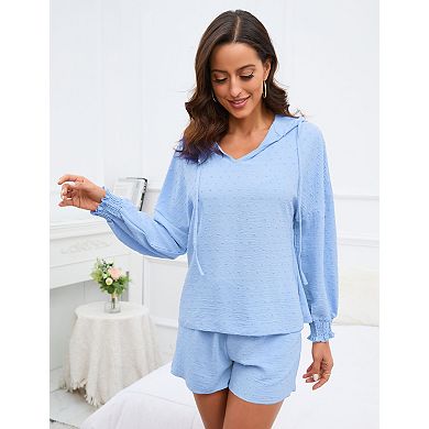 Women's Cut Flower Hooded V-Neck Set Long Sleeve Top and Shorts