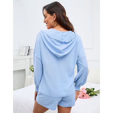 Women's Cut Flower Hooded V-Neck Set Long Sleeve Top and Shorts