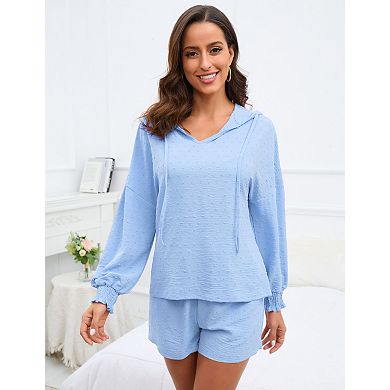 Women's Cut Flower Hooded V-Neck Set Long Sleeve Top and Shorts