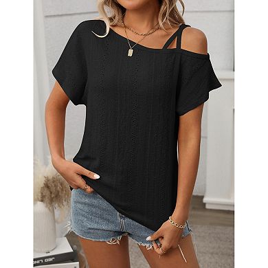 Women's Tops Short Sleeve Cold Shoulder T Shirt Summer hollow out Tee Solid Loose Casual Blouse