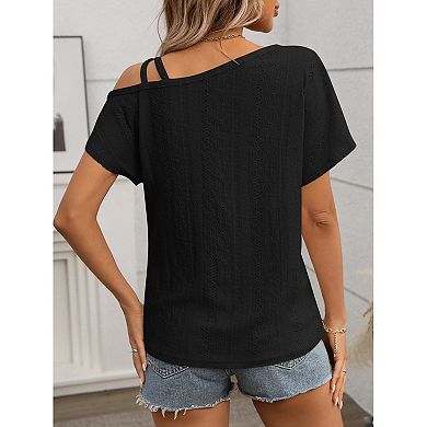 Women's Tops Short Sleeve Cold Shoulder T Shirt Summer hollow out Tee Solid Loose Casual Blouse