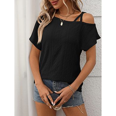 Women's Tops Short Sleeve Cold Shoulder T Shirt Summer hollow out Tee Solid Loose Casual Blouse